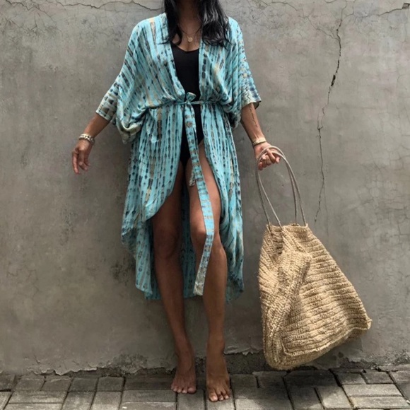 Turquoise Tie Dye Boho Swim Coverup Kimono Robe - Picture 5 of 9